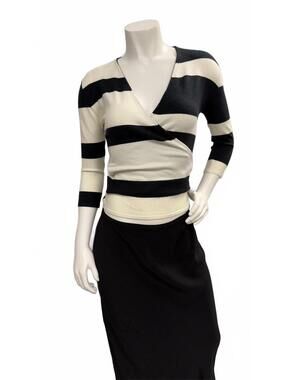 III State Black White Striped Wrap Sweater Top V-Neck 3/4 Sleeve Size XS